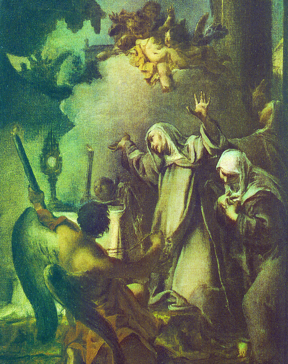 Il dipinto rappresenta Santa Francesca Romana con alcune compagne in estatica meraviglia davanti all'Ostensorio da cui uscivano raggianti raggi di luce (Museo Civico d'Arte)